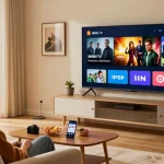 Utilisateur découvrant l'application IRON TV PRO sur un grand téléviseur intelligent dans un salon confortable.