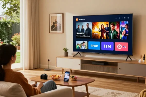 Utilisateur découvrant l'application IRON TV PRO sur un grand téléviseur intelligent dans un salon confortable.