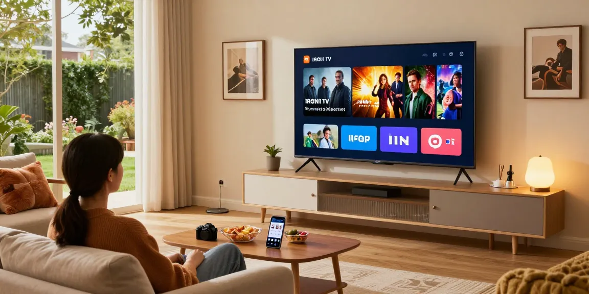Utilisateur découvrant l'application IRON TV PRO sur un grand téléviseur intelligent dans un salon confortable.