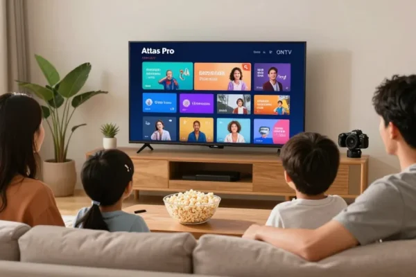 La famille profitant d'Atlas Pro sur un téléviseur intelligent, ambiance chaleureuse.