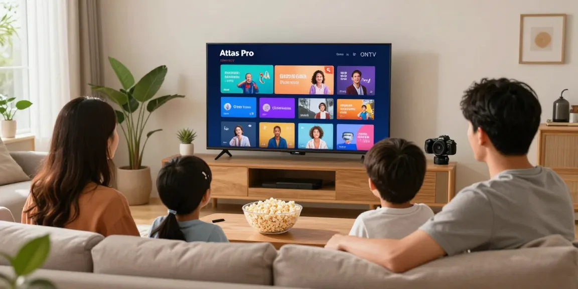 La famille profitant d'Atlas Pro sur un téléviseur intelligent, ambiance chaleureuse.